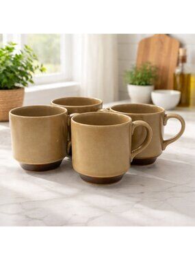 Set Of 4 Hearthside Hand Painted Stoneware Mugs Brown & Tan Vintage Japan 3.5" T